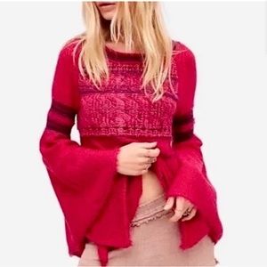 Free People Womens Sweater XS Pink Raspberry Craft Time Frayed Alpaca Wool Knit